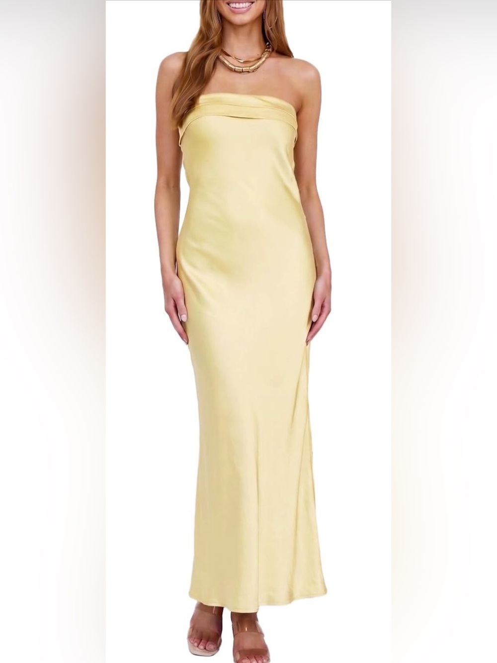 Strapless Yellow Satin Maxi Dress